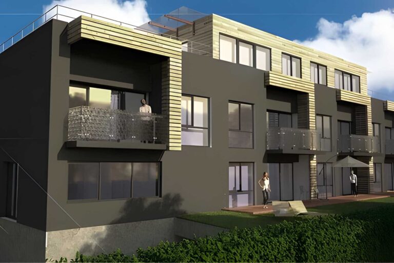 Žalioji erdvė už pastato iš kitos perspektyvos